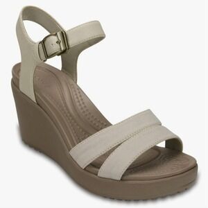CROCS Women's Leigh II Canvas Beige Wedge Sandals Ankle Buckle Lightweight Sz 5